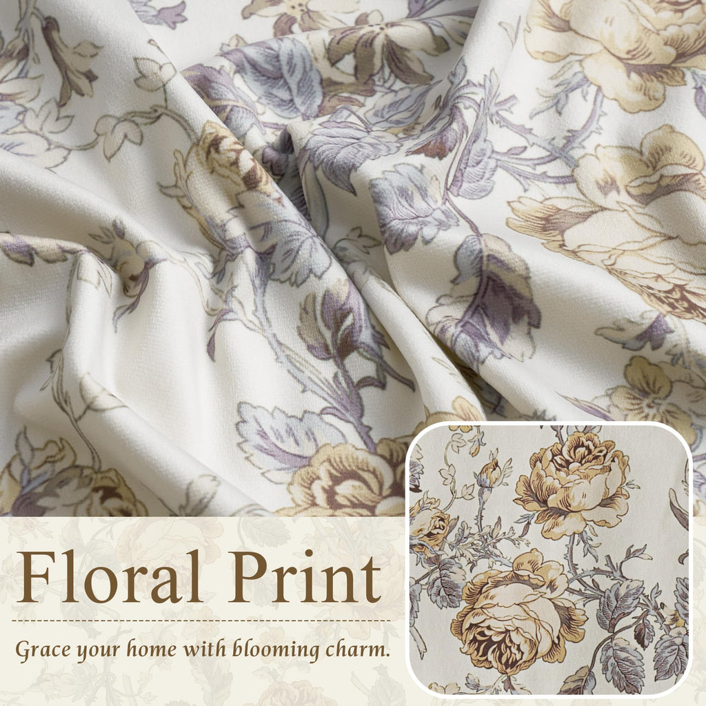 Light Beige Printed Floral Velvet Curtains 84 Inches 2 Panels
