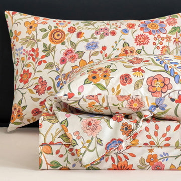 Floral Sheets California King 100% Percale Cotton Orange & Green Boho Bed Sheet Set, Soft Breathable Crisp Sunflower