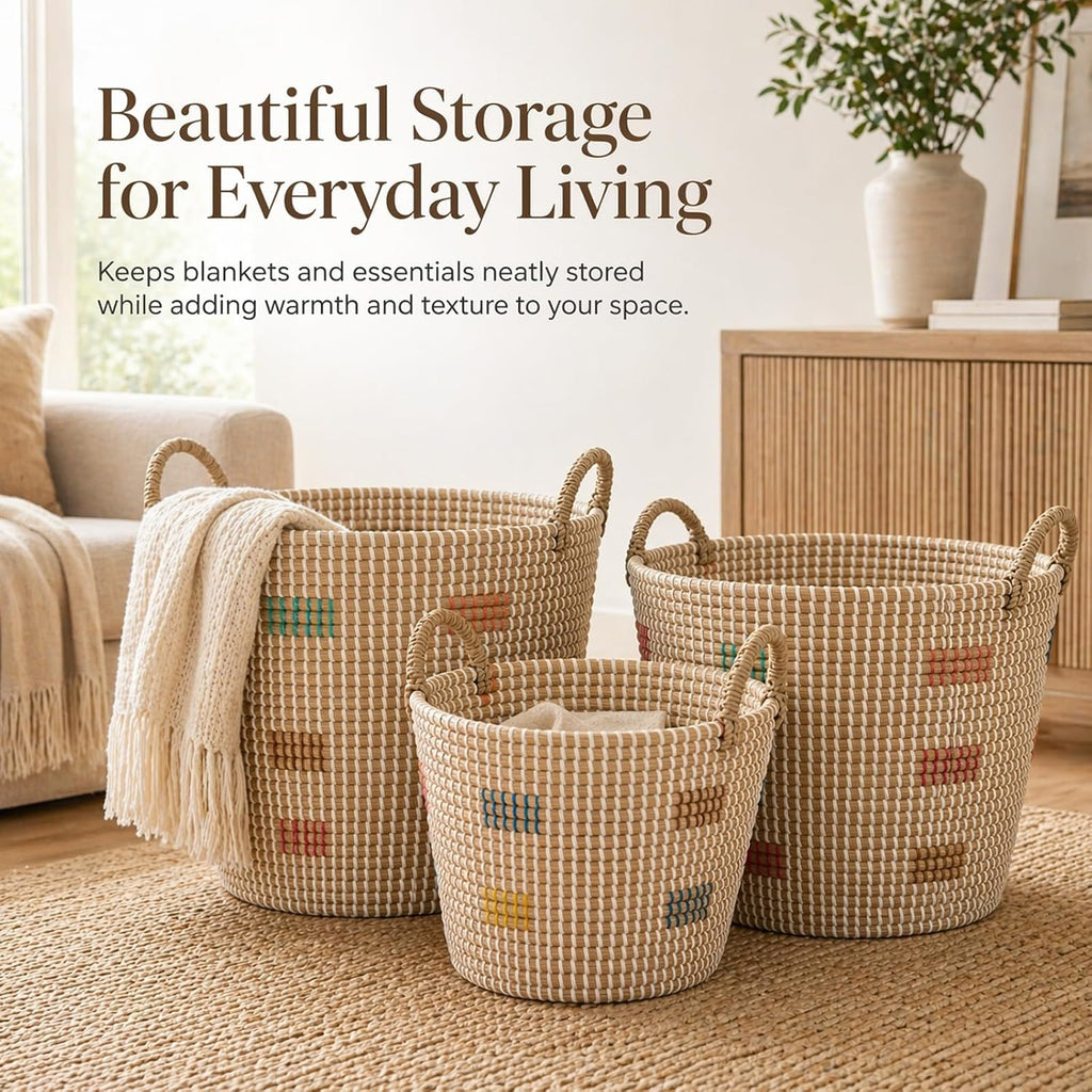 Natural Seagrass Storage Baskets Set of 3 with Handles, Handwoven Decorative Nesting Bins for Blankets, Towels, Toys