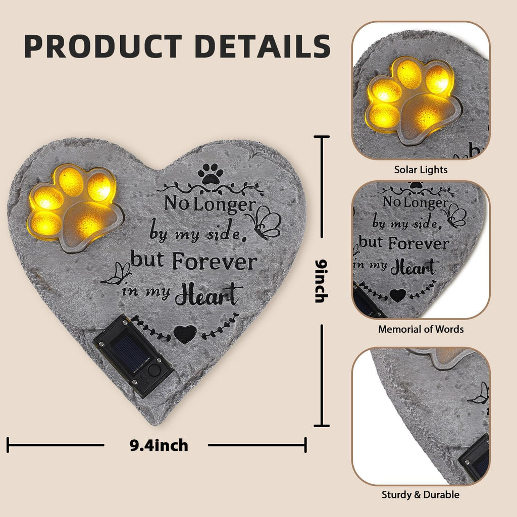 Pet Memorial Stone Solar Lighted Glowing Paw Print Heart Statue 10"