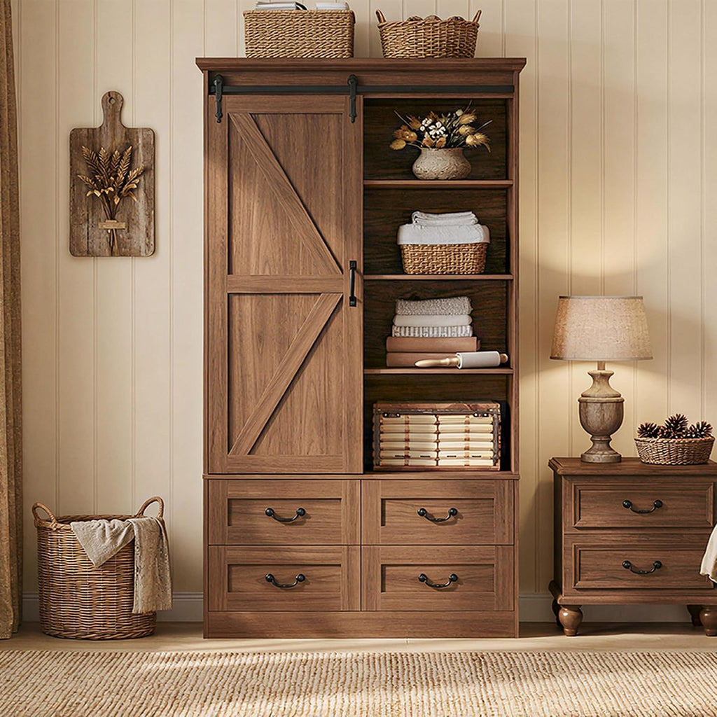 Armoire Wardrobe Closet with 4 Drawers,71" Wardrobe Cabinet with Sliding Barn Doors, Tall Clothing Storage Cabinet