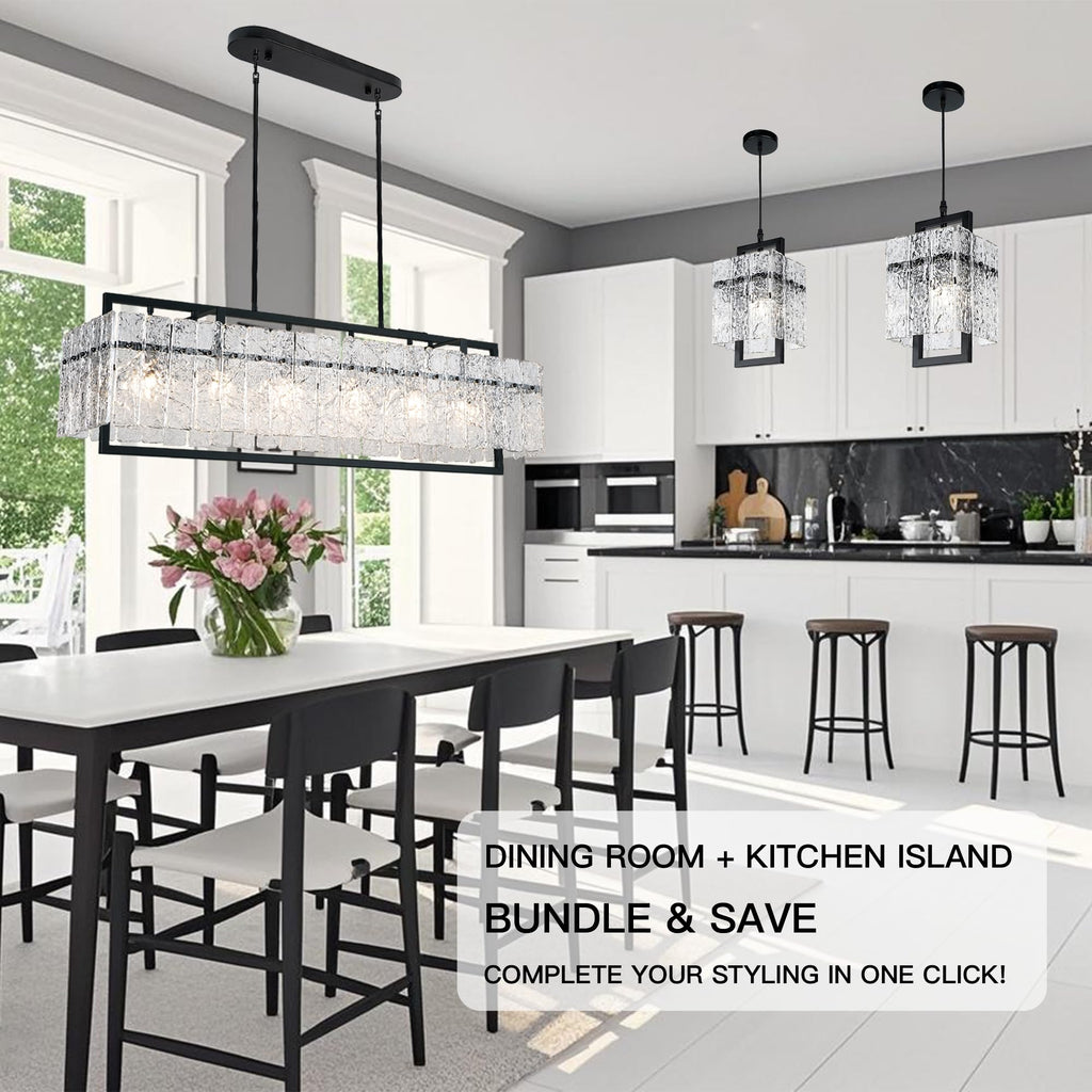 Modern Rectangle Black Crystal Chandeliers, 42" Large Rectangular Water Ripple Glass Island Light Fixture, Linear