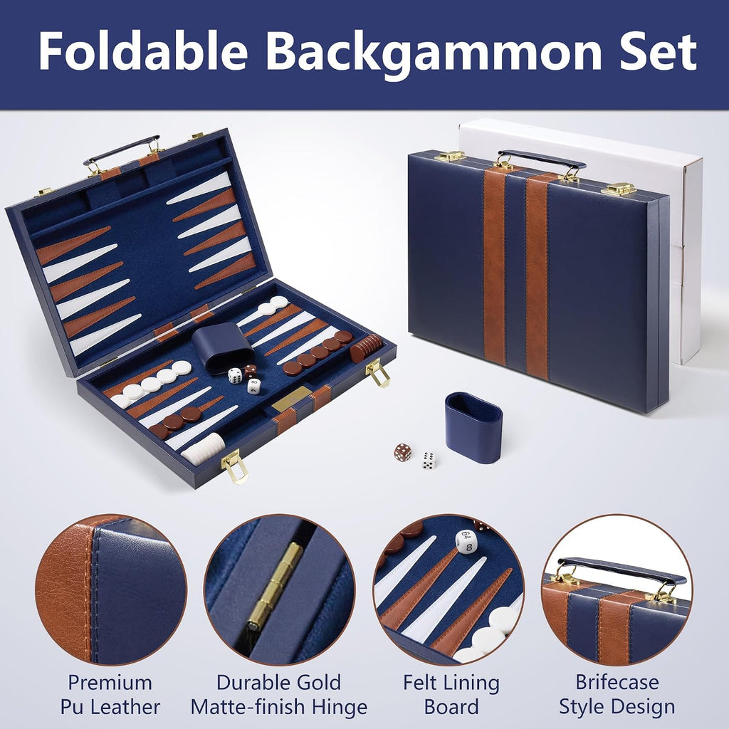 15 inch Backgammon Sets for Adults - Classic Board Game with Premium Sea Blue Leather Case - Travel Backgammon Set - Set of 32