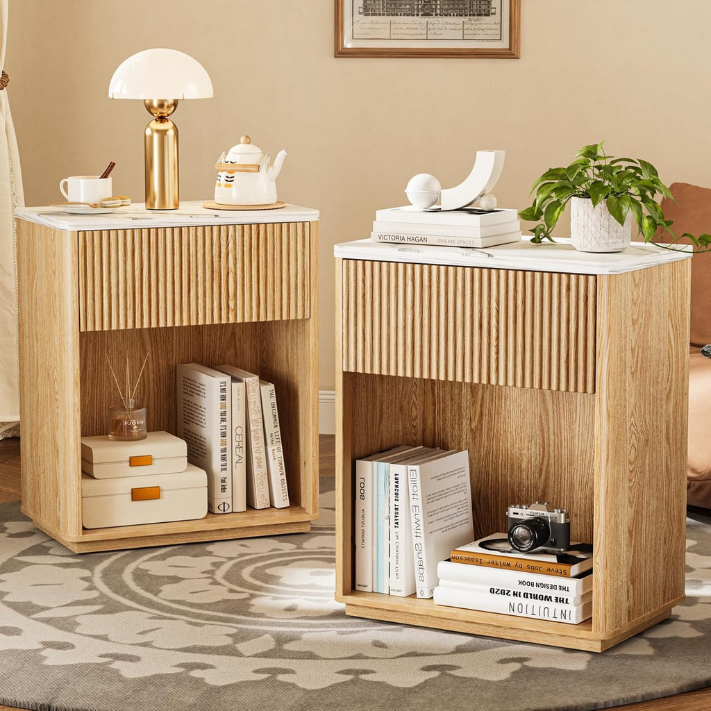Modern Fluted Nightstand Set of 2 , Mid Century Bedside Table Set with Marble Top & Drawer, Wood End Table, 2