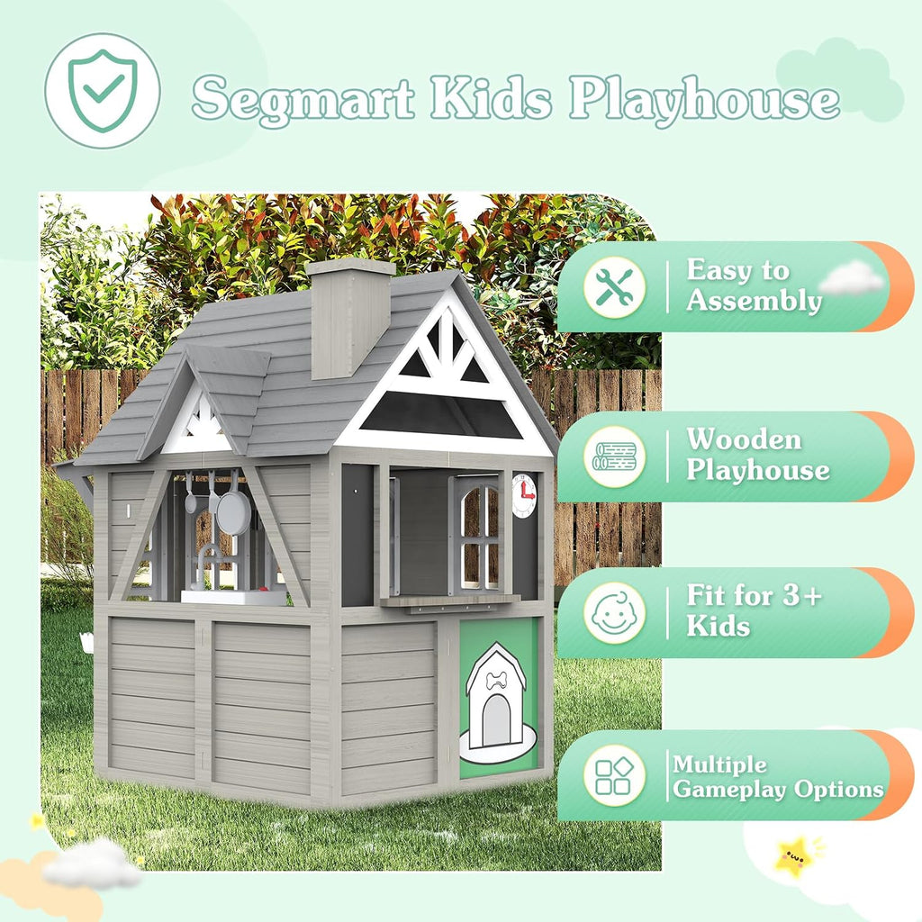 Kids Outdoor Cedar Playhouse, Weather-Resistant Gray Wooden Play House for Ages 3-8 with Play Kitchen, Working