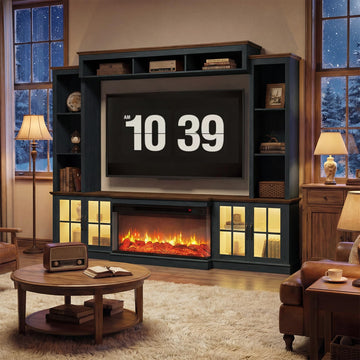 98" Farmhouse Entertainment Center Fireplace TV Stand, Black