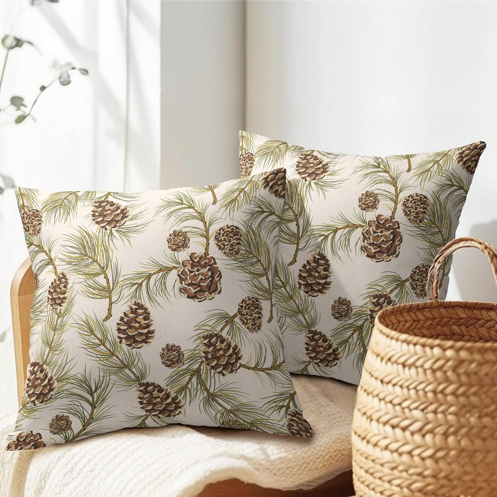 Winter Pine Cone Pillow Covers 18x18 Inch Christmas Theme Pinecone Plant Outdoor Throw Pillows Rustic Xmas - Set of 2