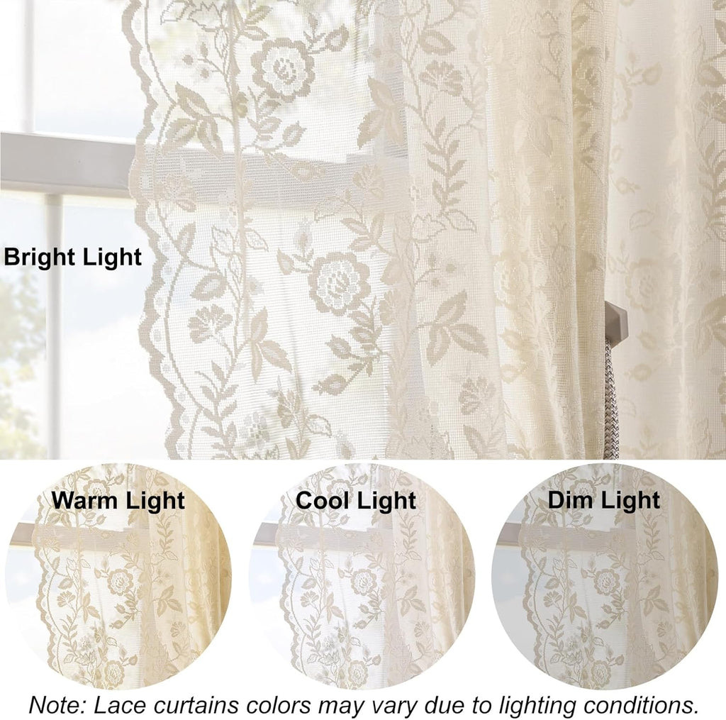 Beige Lace Curtains 36 Inch Length 2 Panels Rusitc Leaf Floral Short Sheer Curtains for Kitchen Window Over Sink, Rod