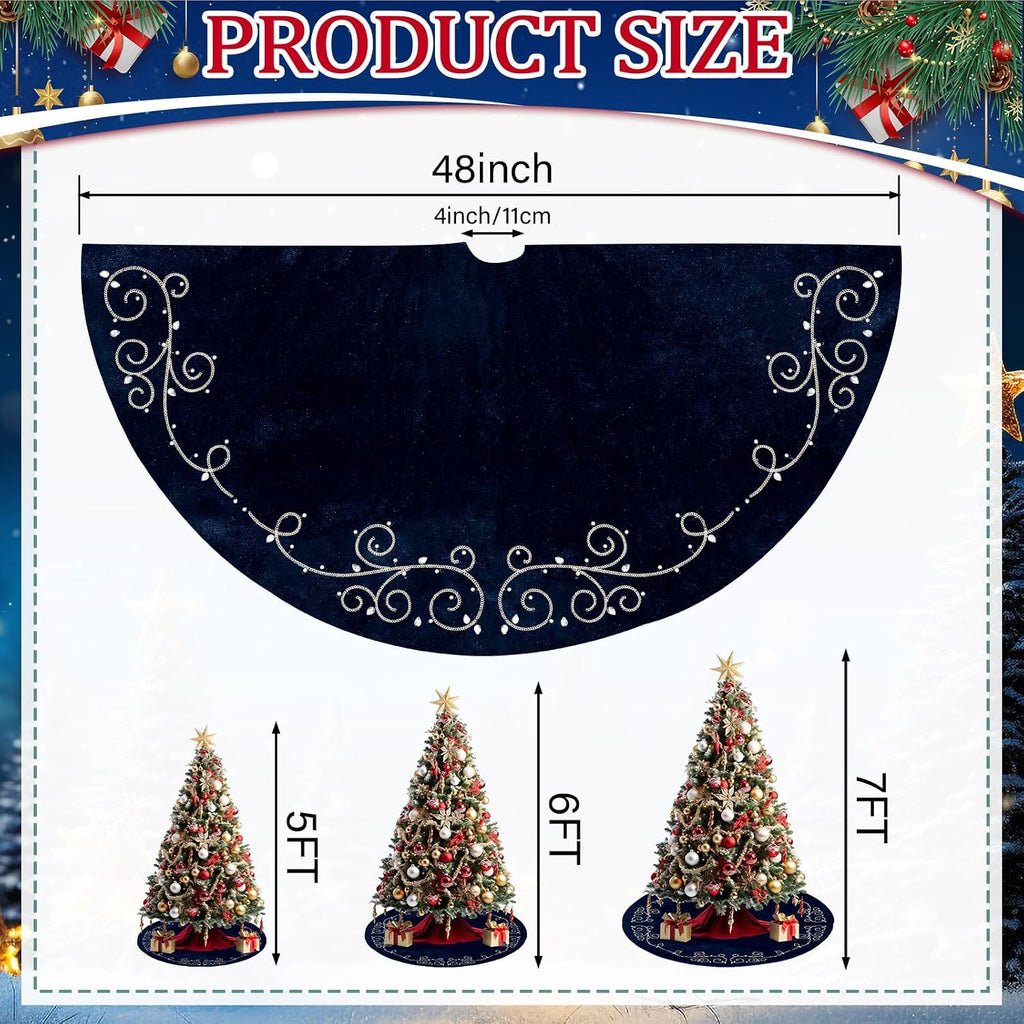 48inch Christmas Tree Skirt Navy Blue Luxury Velvet Plush Fur Skirts Baroque Tree Skirts with Gold Embroidered Pearls