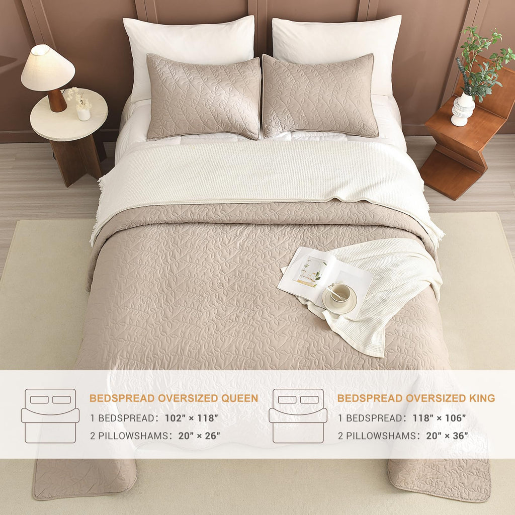 Queen Bedspreads 102x118 Leaves Pattern Printed Bedspreads & Coverlets, 3 Pcs Linen Feel Queen Quilt Set Lightweight