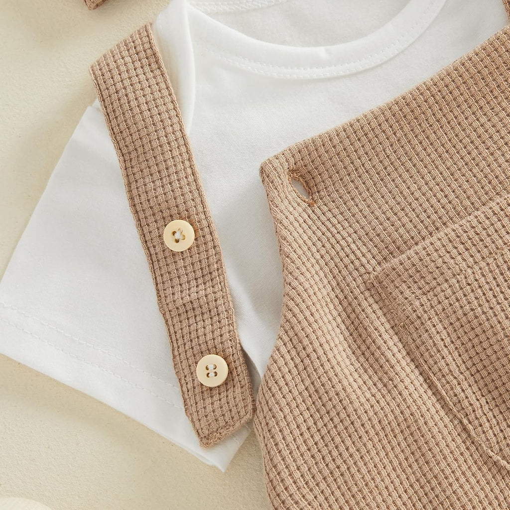 Newborn Baby Boy Clothes Summer Outfit Solid Color Short Sleeve Romper Waffle Suspender Shorts Overall Set 3Pcs