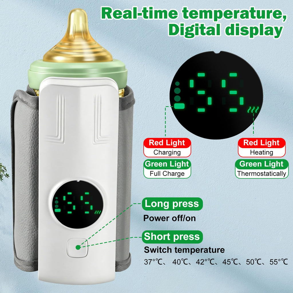 Portable Battery-Powered Baby Bottle Warmer with Temperature Display, Travel-Friendly Milk Warmer for On-the-Go