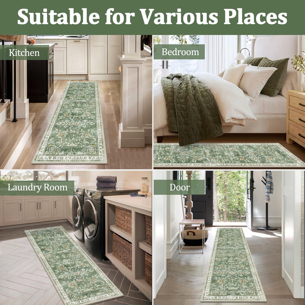 2x10 Washable Hallway Runner Rug Non Slip Floral Carpet, Sage Green