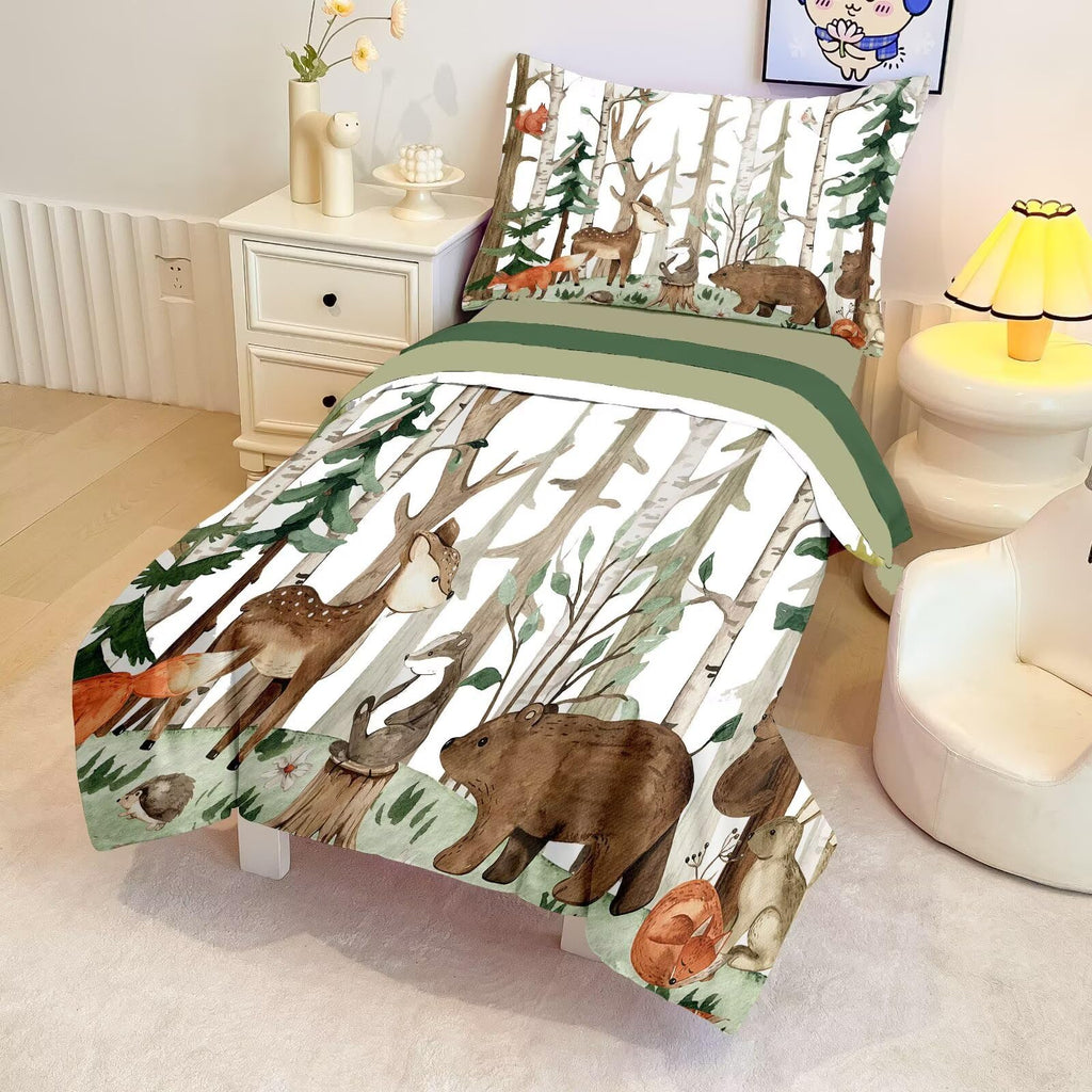 4 Pieces Woodland Animal Toddler Bedding Set, Forest Deer Bear Fox Bed Comforter Set for Boys Girls, Cute Toddler Bed