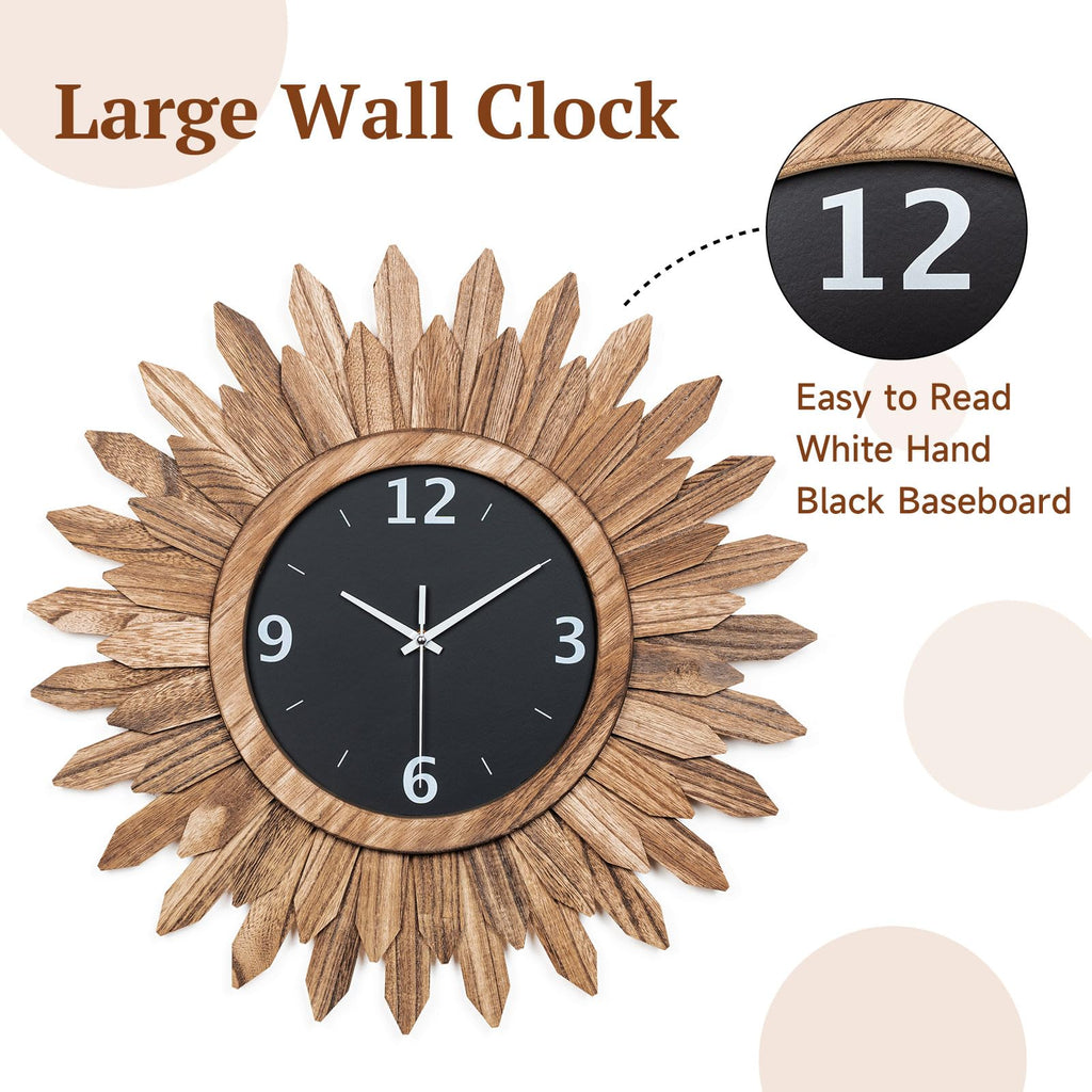 14 Inch Wall Clock, Rustic Wood Boho Sunburst Decorative Wall Clocks Battery Operated Silent Non Ticking Farmhouse