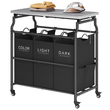 3 Section Laundry Sorter with Ironing Board, Laundry Hamper, Black