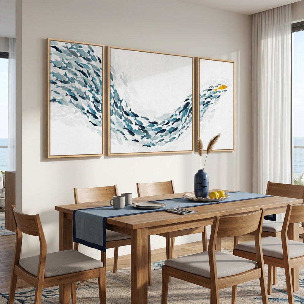 Extra Large 3 Piece Framed Blue White Coastal Fish Wall Art