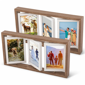 2 Pack 4x6 Rotating Picture Frame, Double-sided Display 6 Photos Rustic Wood Hinged Folding Triple Collage Photo