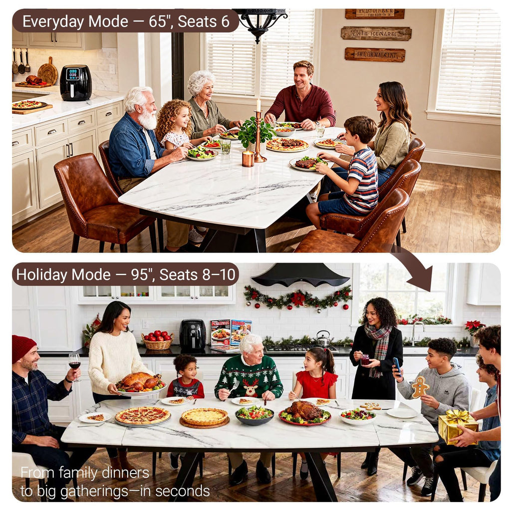 Extendable Dining Table with Leaf, 78"-110" Rectangular Sintered Stone, Marble-Look Top, Seats 6-14, Metal Base