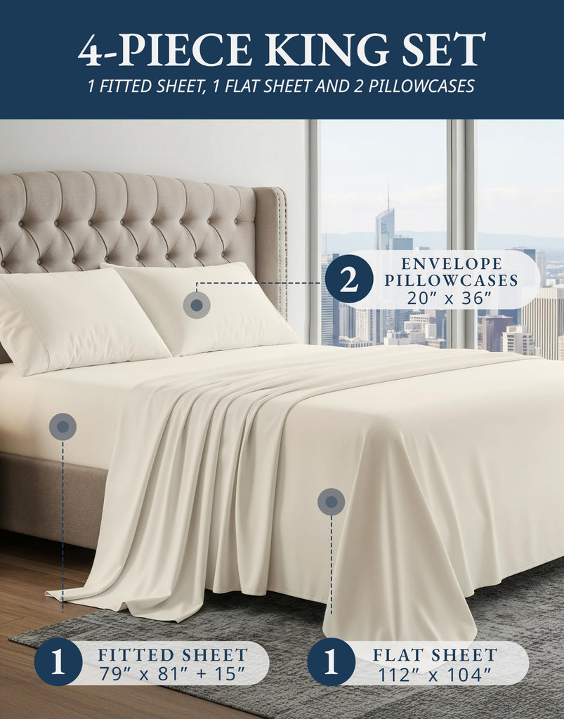 Cooling Sheets King Size 100% Egyptian Cotton Sateen - Ivory