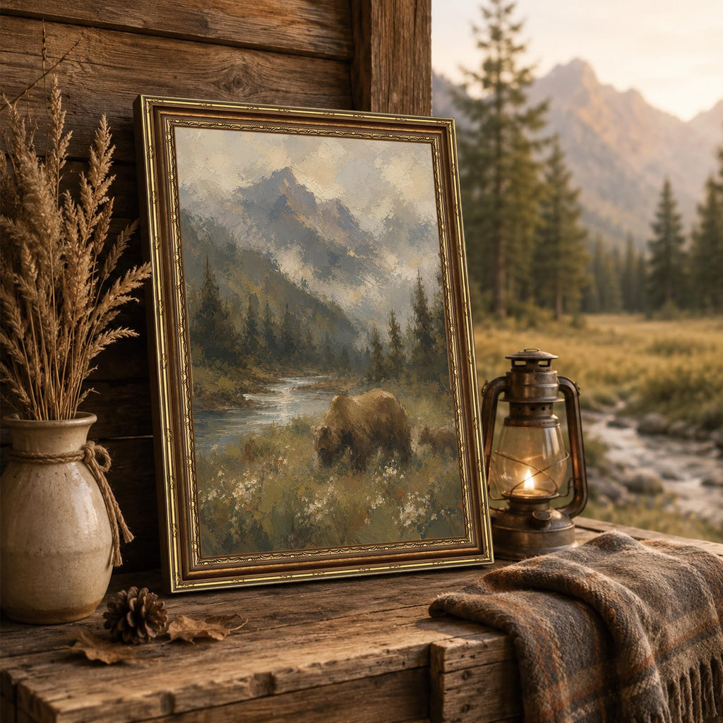 Brown Bear Mountain Forest Vintage Wildlife Animal Landscape Wall Art Print