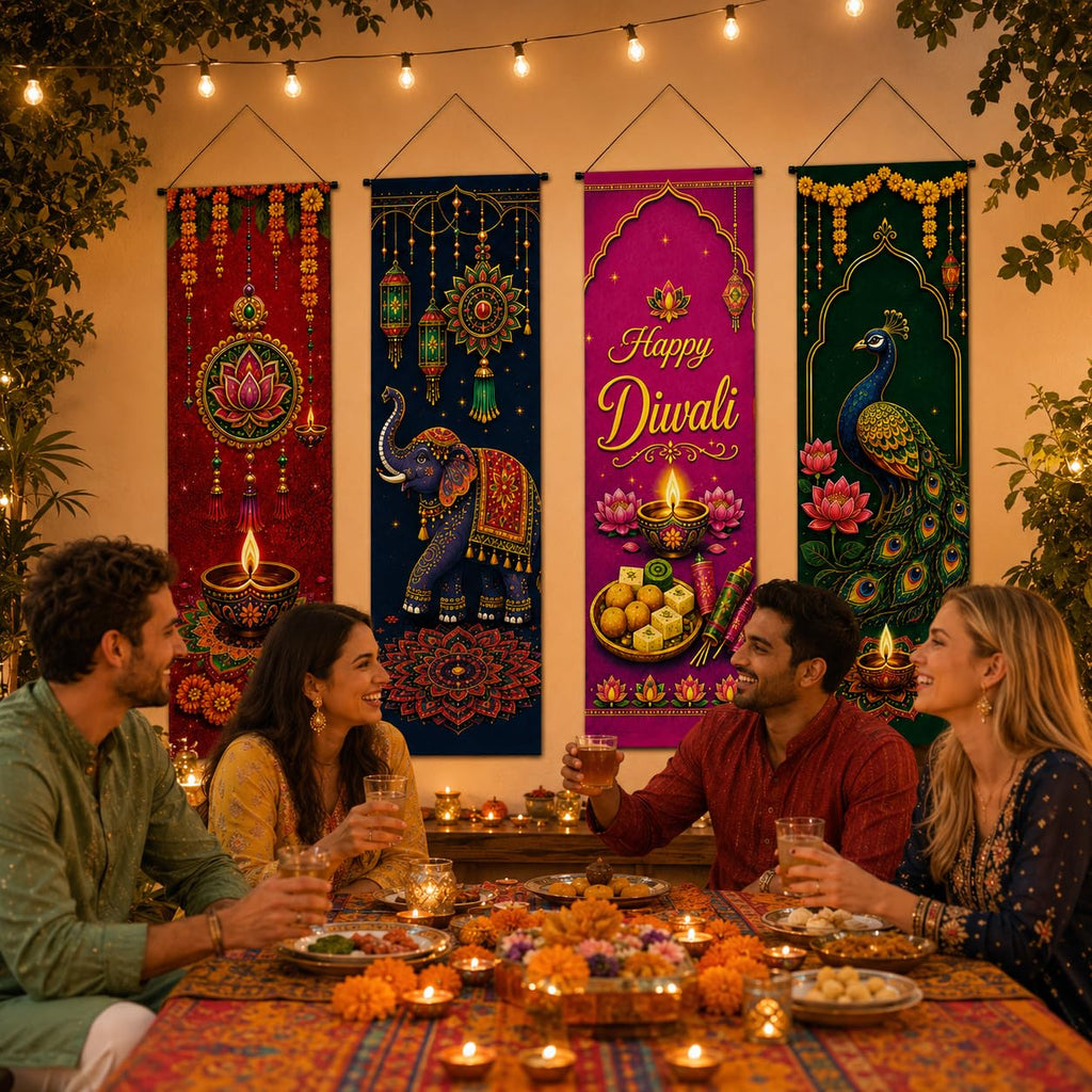 4 Pcs Happy Diwali Banner Set, Diwali Door Decorations 16.1 x 47.2 Inch, Indian Festival of Lights Porch Signs with