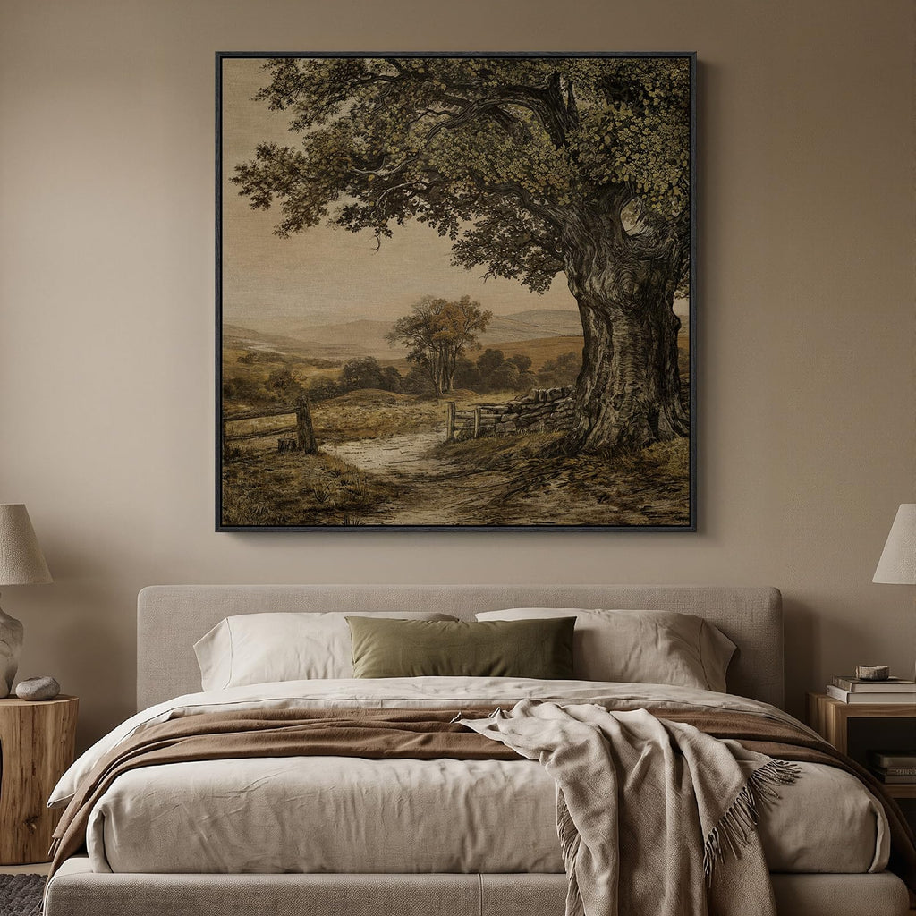 Extra Large Framed Vintage Tree Landscape Wall Art, Square