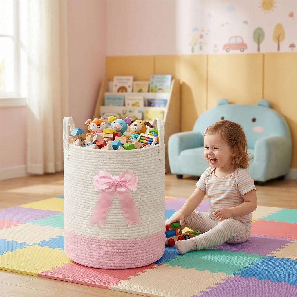 Pink Laundry Hamper with Bow, Tall Storage Basket