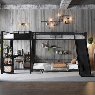 Twin XL Over Queen L Shaped Bunk Bed with Twin Loft Bed, Heavy Duty Metal Triple Bunk Bed with Slide