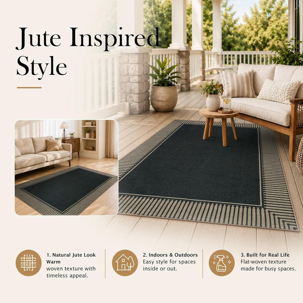 Easy Jute 2'6"x8' Runner Rug, Black Indoor Outdoor Striped Runner