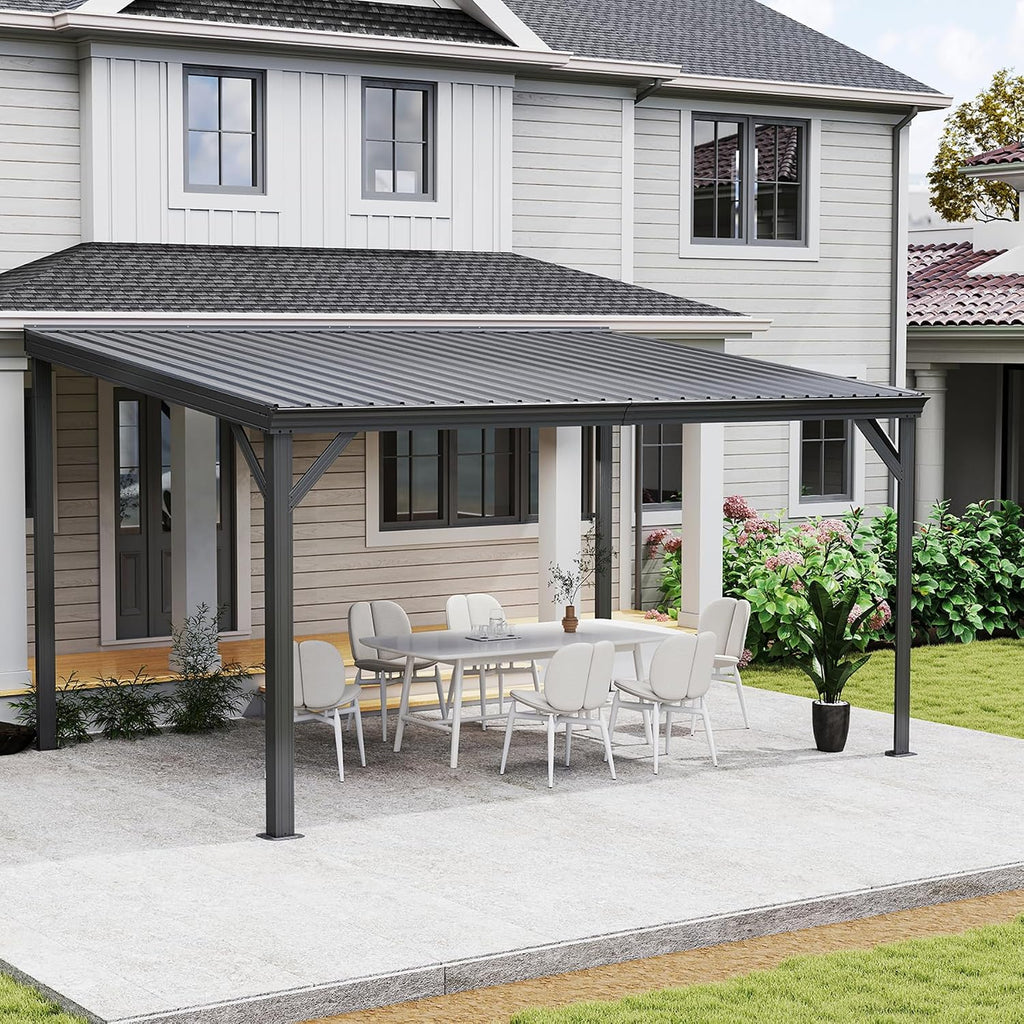 10x14FT Lean to Gazebo, Outdoor Hardtop Wall Mounted Gazebo with Gutter & Sloping Galvanized Steel Roof