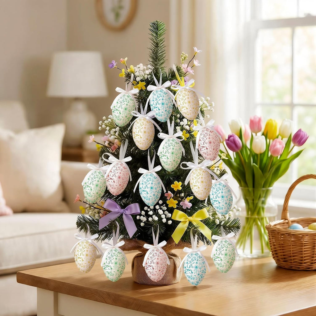 Easter Eggs Hanging Colorful Ornament, Toile de Jouy Style - Set of 24