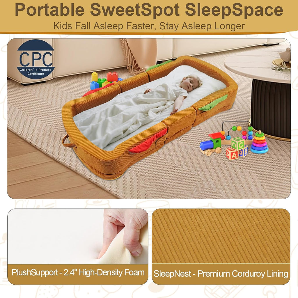 Toddler Travel Bed Sandwich Style - Portable Toddlers Floor Beds, Foldable Soft Foam Travel Bed for Baby and Kid