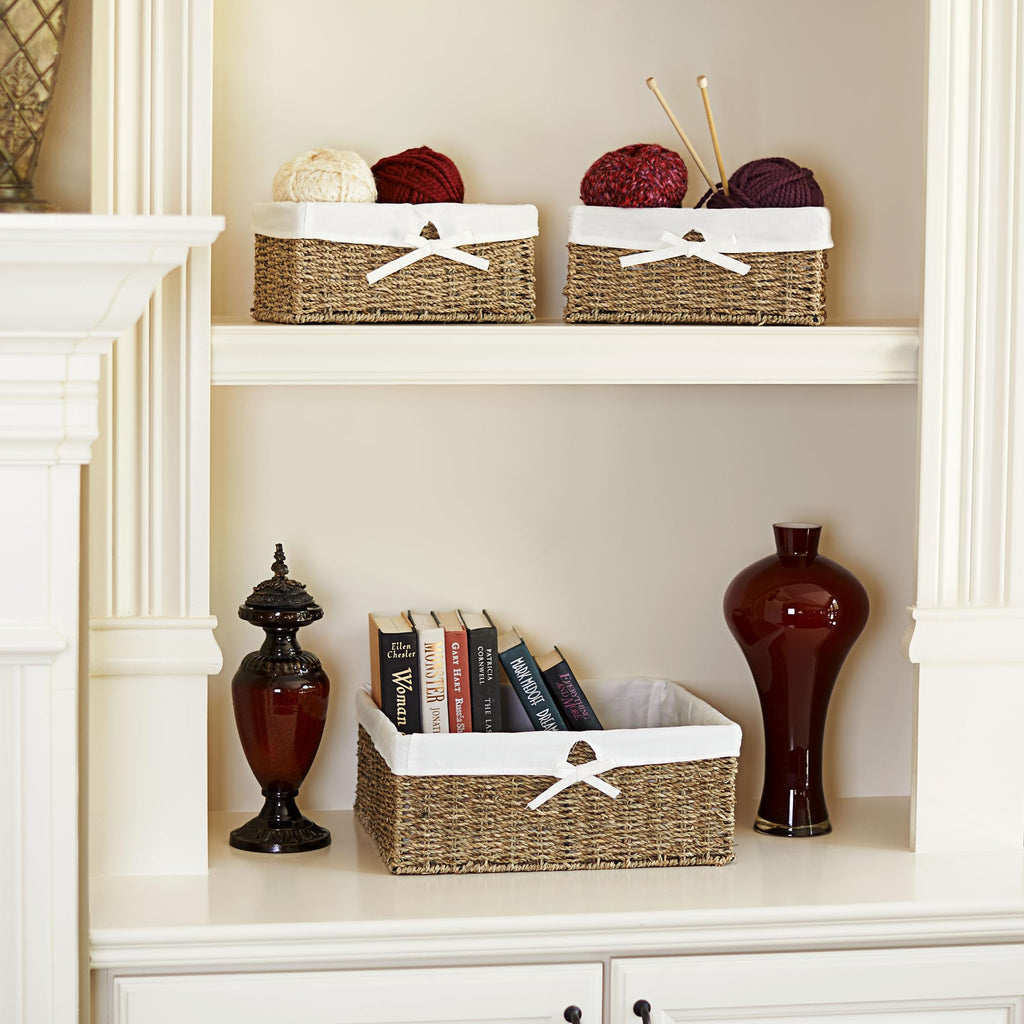 Set of Three Woven Wicker Storage Baskets with Removable Liners | Natural Seagrass, Brown