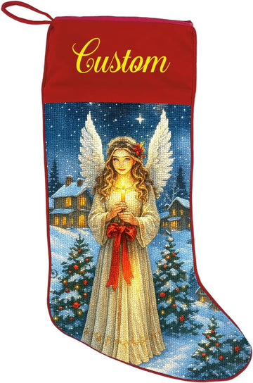 Personalized Needlepoint Christmas Stockings, 2D Plush Angel Stockings with Names, Xmas Stocking for Kids, Holiday