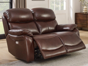 Brown Top Grain Leather Power Recliner Sofa Loveseat with USB Port.