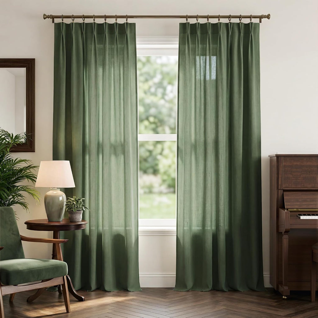 Pinch Pleated Thick Linen Blend Forest Green Curtains, Rod Pocket & Back Tab Privacy Added Light Filtering Spring