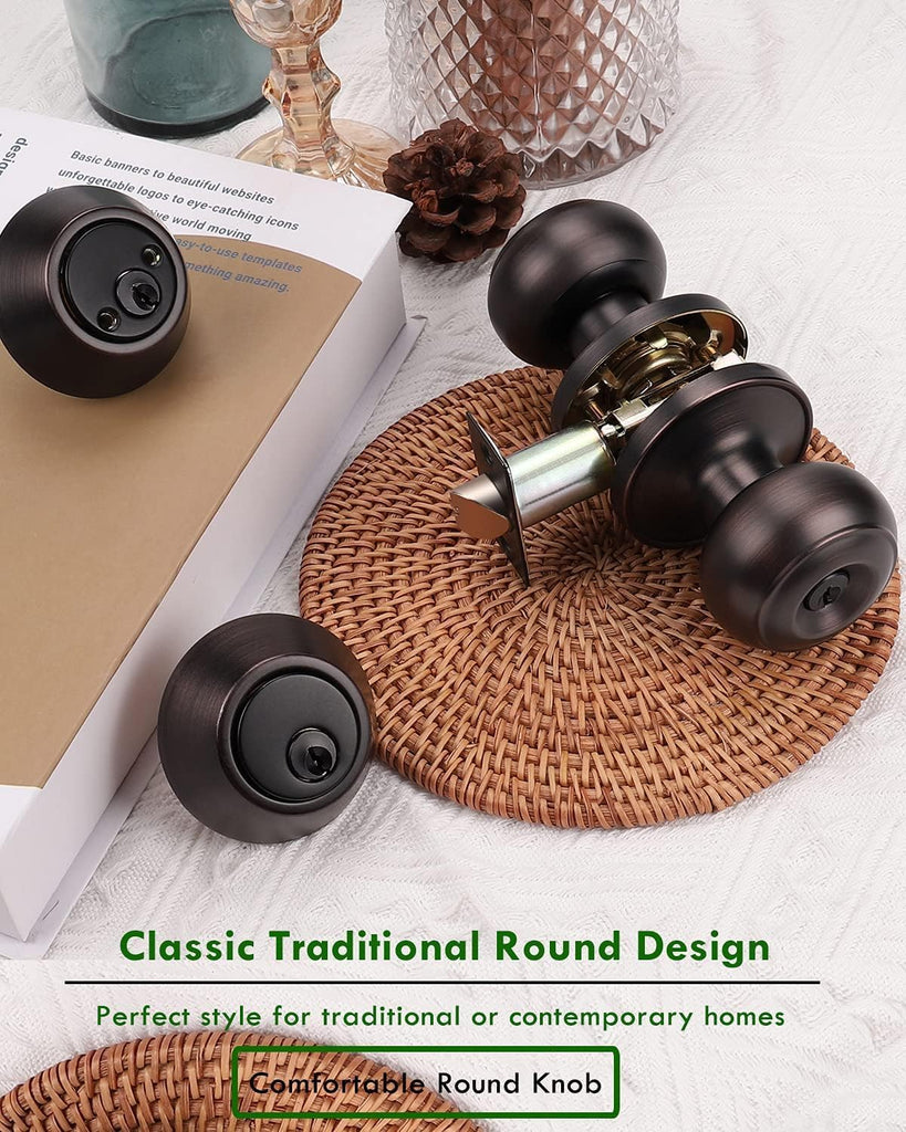 1 Pack Keyed Alike Door Knob with Double Cylinder Deadbolt Lock Set, Oil Rubbed Bronze Door Lock Sets Exterior, Round