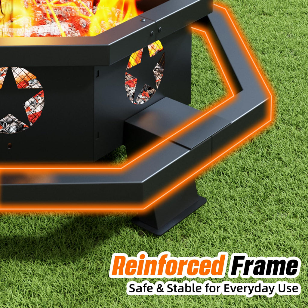 45 Inch Fire Pit for Outside Wood Burning, Outdoor Octagonal Fire Pit with Poker, Large Firepit for Camping