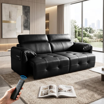 Genuine Leather Electric Pull Out Couch, Power Reclining Sofa with Adjustable Headrests | Extendable Footrest | USB &