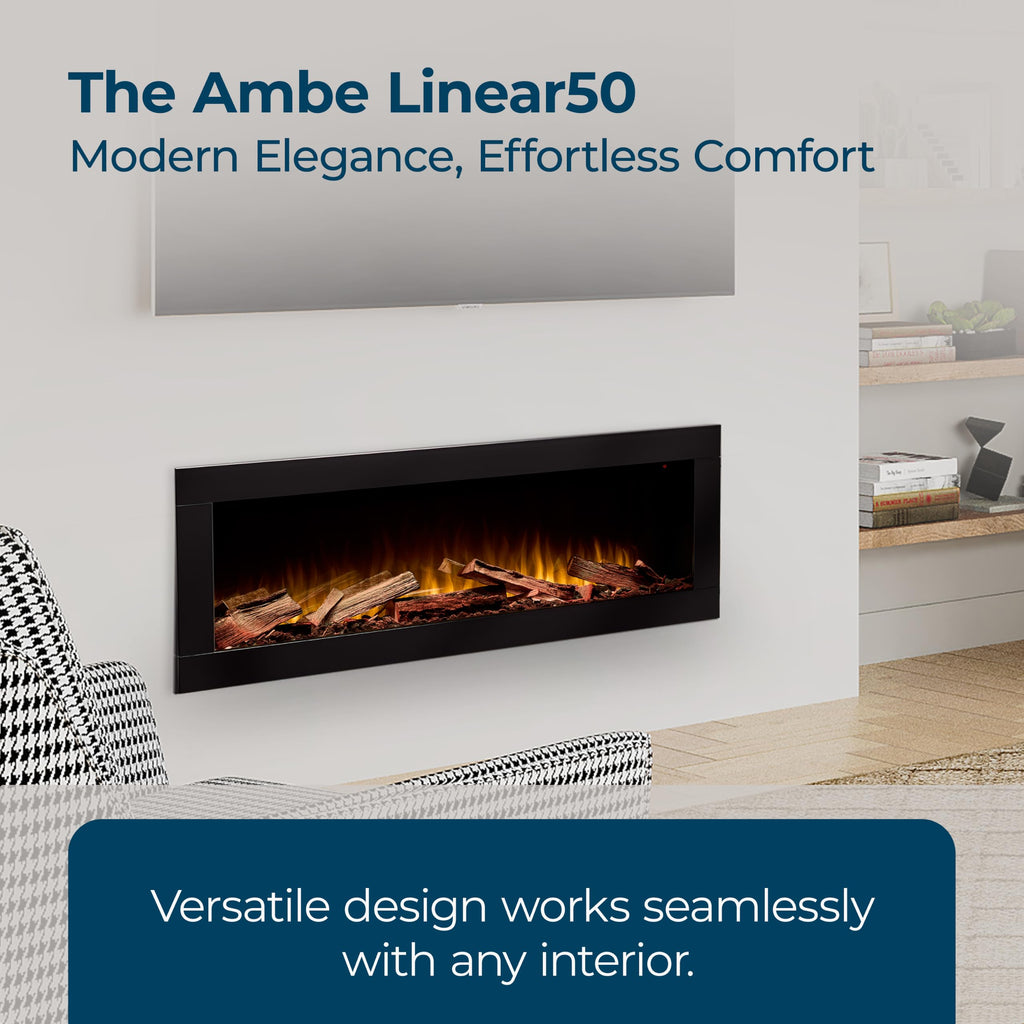 Linear 50" Electric Fireplace, Realistic Flames, Hidden Vents - Oak