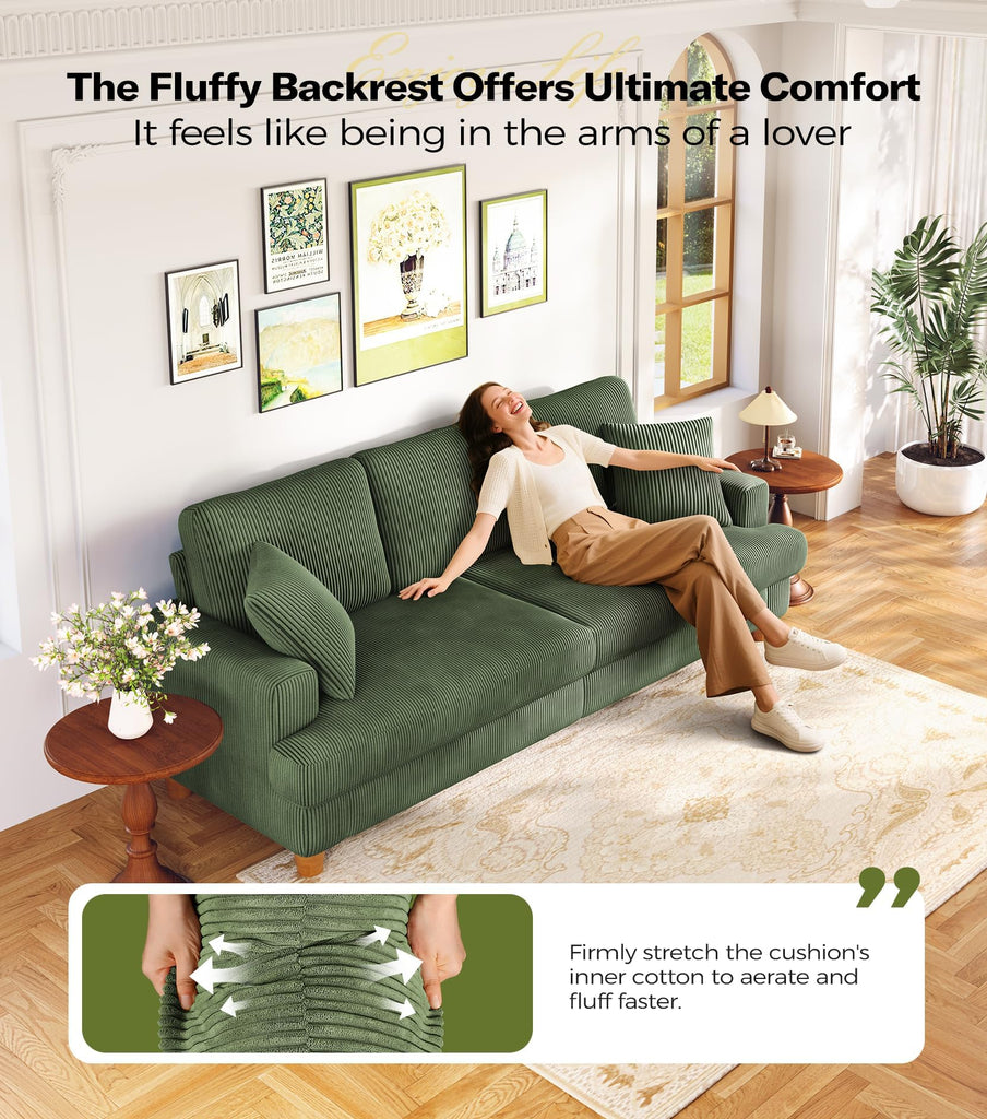 87in Corduroy Couch, 3 Seater Sofa, Sofas & Couches, Green Couch