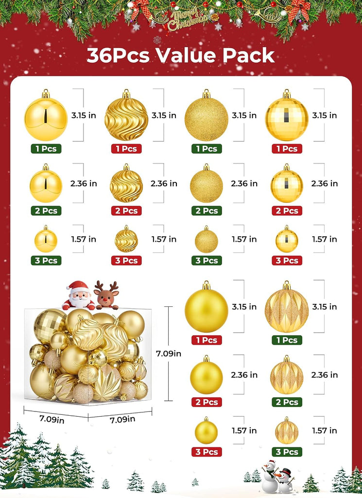 36‐Pack Gold Shatterproof Christmas Tree Ball Ornaments Set