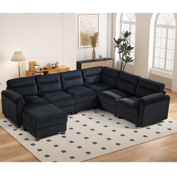 115" Modular Sectional Sofa Couch with Movable Ottoman, Oversized Corduroy U Shaped Sectional Couches with Rolled