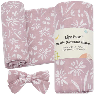 Baby Swaddle Blanket and Bow Set, Mauve Floral Muslin Swaddle Set with Matching Headband Bow, Infant