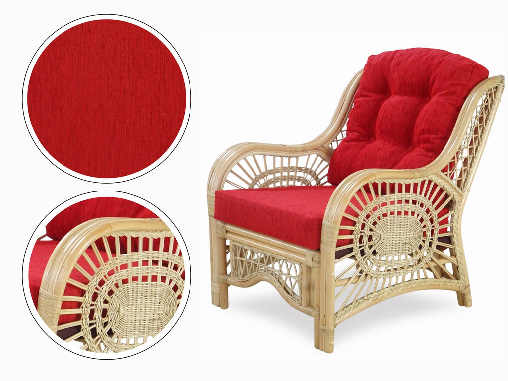 Malibu Lounge Living Accent Armchair Natural Rattan Wicker Handmade Design, Natural Color with Red Cushion