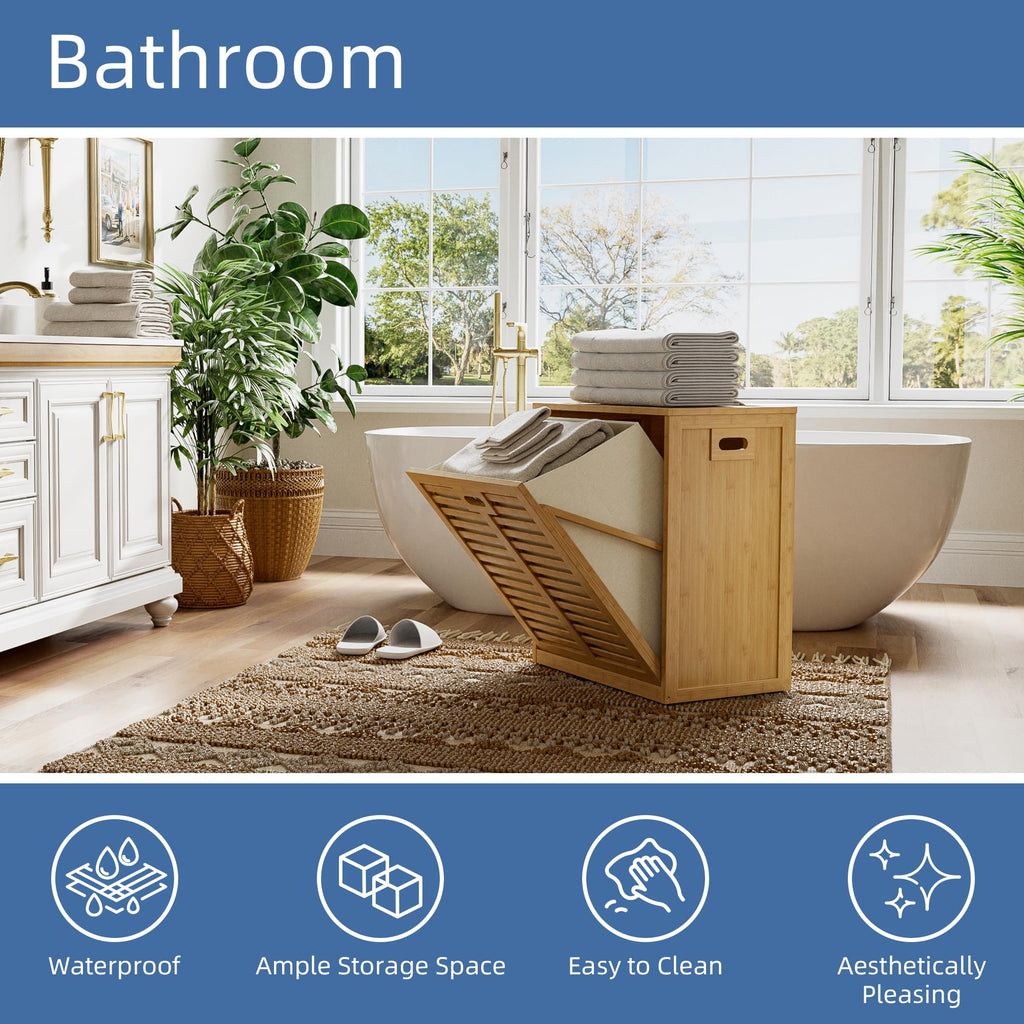 Tilt Out Laundry Hamper, Bamboo Laundry Cabinet with Hidden Removable Basket, Freestanding Clothes Storage organizer