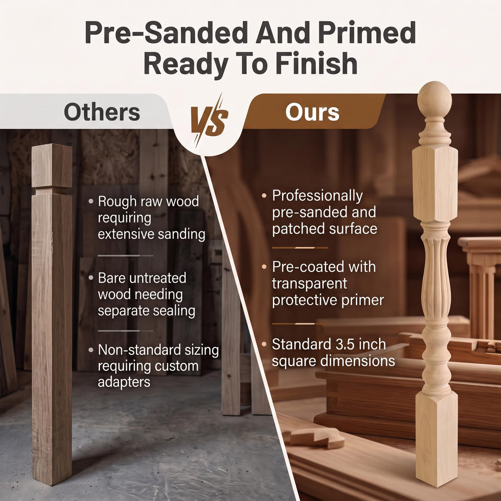 Red Oak Stair Newel Post Solid with a Single Groove Notched Pedestal Newel Wood Balusters for Staircase Interior