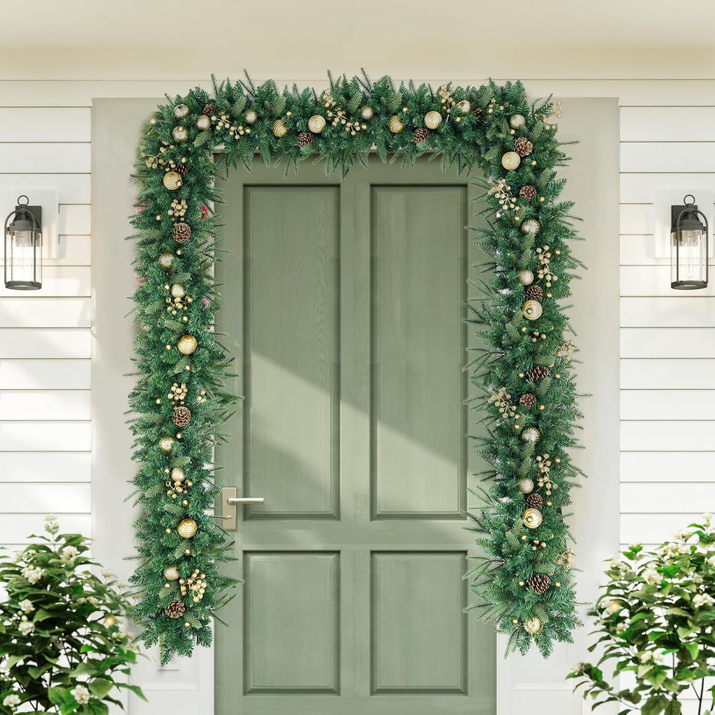 9FT Pre-Lit Artificial Christmas Garland with Dual Color LED Lights and Timer by Remote Control and Batteries