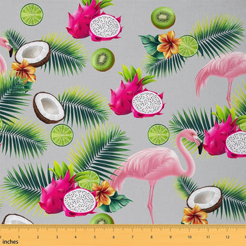 Pink Flamingo Fabric by The Yard Tropical Coconut Pitaya Fruits No Stretch Fabrics for Sewing Green Palm Leaves Wild